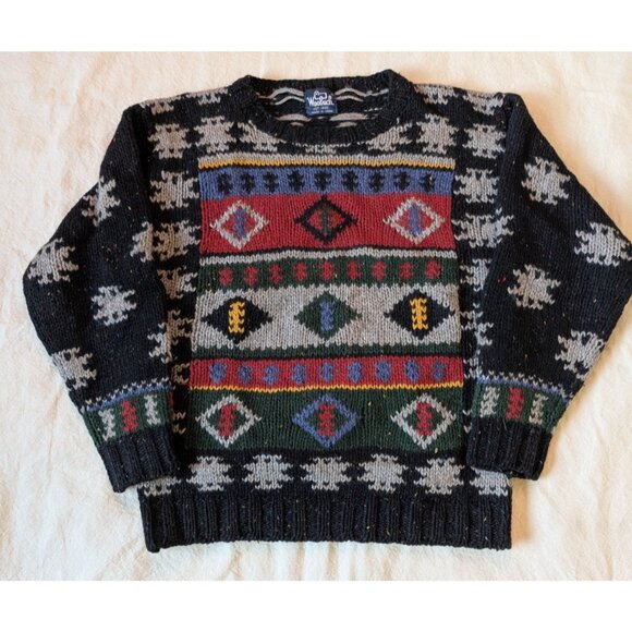 Woolrich VTG Southwetern Thick Knit Sweater Wool 80s 90s Black Tribal Boxy MED - Picture 2 of 6